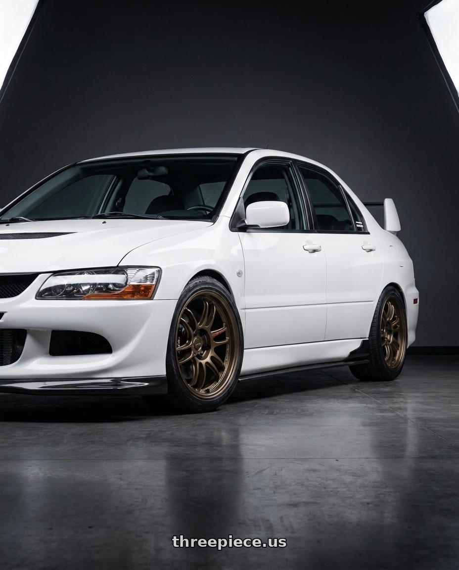 2005 Mitsubishi lancer evolution white with Work Zr10 2P 5x114.3 18x8.5 +38 Matte Bronze wheels