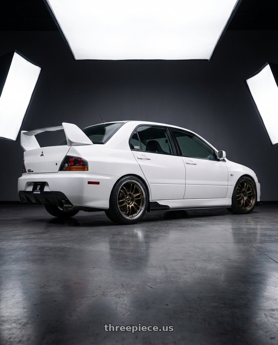 2005 Mitsubishi lancer evolution white with Work Zr10 2P 5x114.3 18x8.5 +38 Matte Bronze wheels rear three quarter view square tires