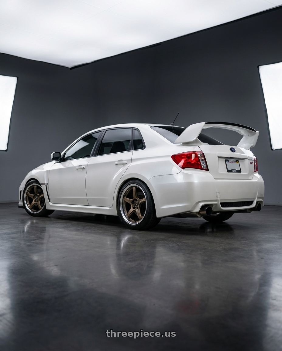 2011 sti sedan  with Work T5R 2P 5x114.3 19x9.0 +38 Matte Bronze wheels rear three quarter view square tires