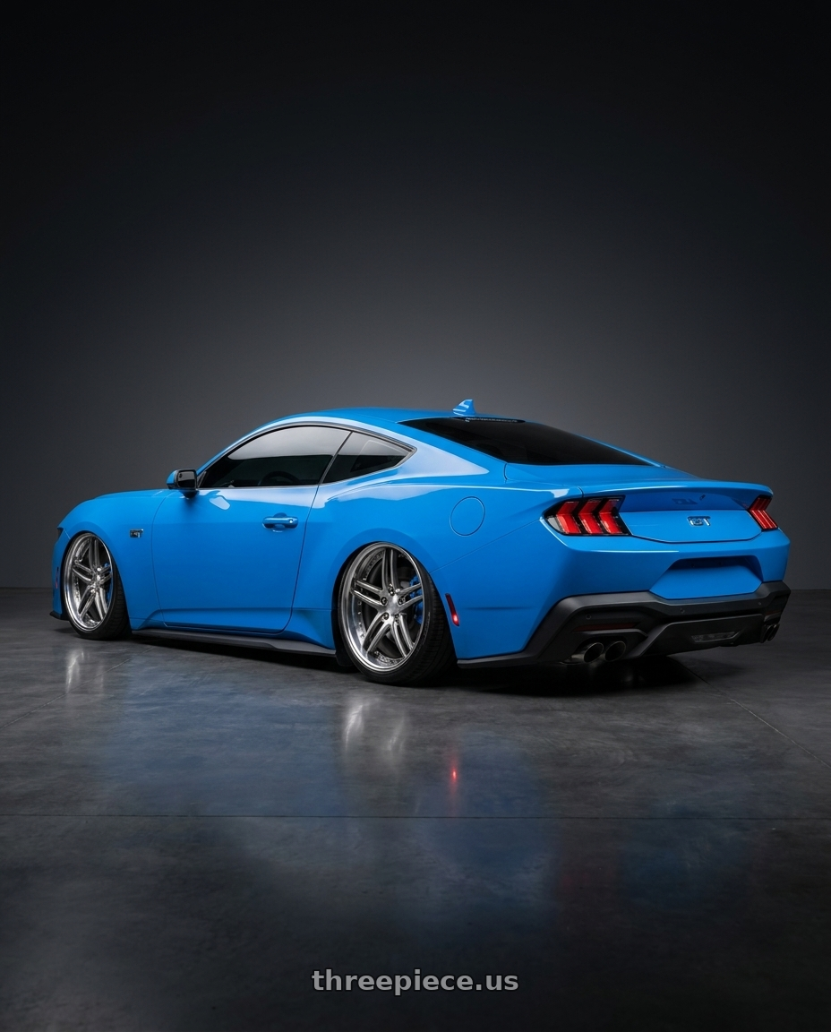 2024 ford mustang gt premium with Work Gnosis Gr205 5x114.3 19x10+30 A Disk Buff Finish wheels rear three quarter view slight stretch tires