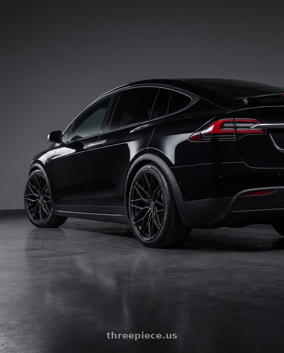 2023 Tesla Model X Plaid with MV Forged MVF2 5x120 22x10 +25 Satin Black wheels rear three quarter view square tires
