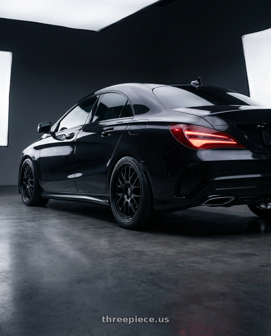 2018 Mercedes-Benz CLA C117 with fifteen52 HOLESHOT 5x112 19x8.5 +45 ASPHALT BLACK (SATIN BLACK) wheels rear three quarter view square tires