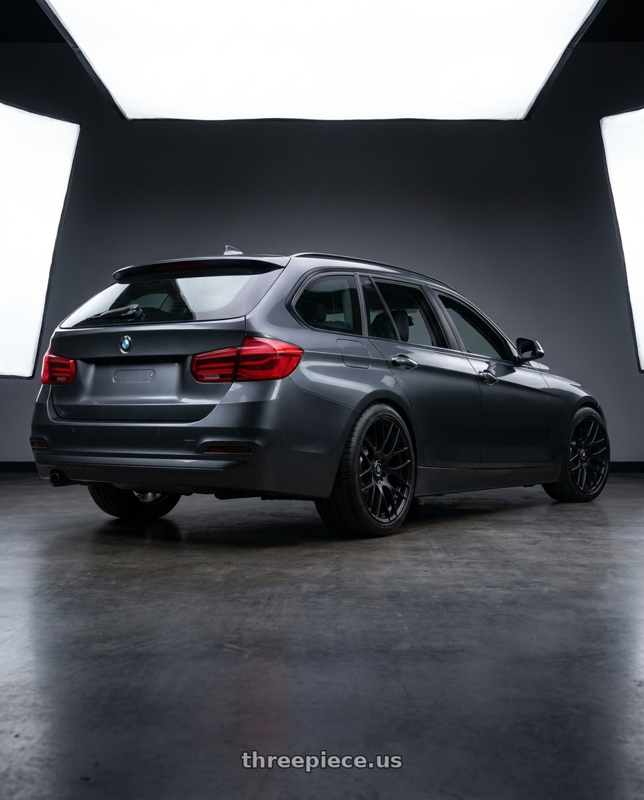 2016 BMW 3 Series F30 with Avant Garde Wheels M359 5X120 19x9 +35 Matte Black wheels rear three quarter view square tires