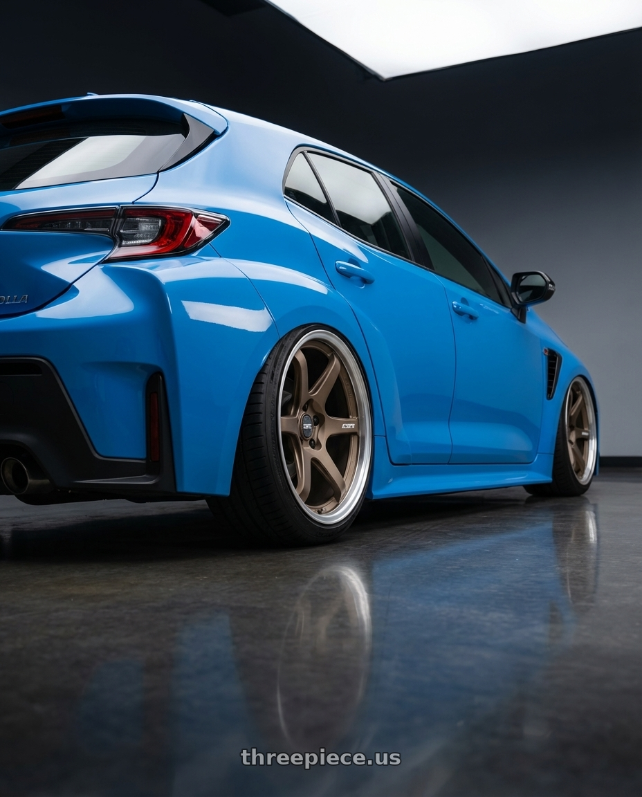 2024 Toyota GR Corolla with ESR Wheels APEX SERIES AP6 5x114.3 18x9.5 +22 Matte Bronze wheels rear three quarter view slight stretch tires