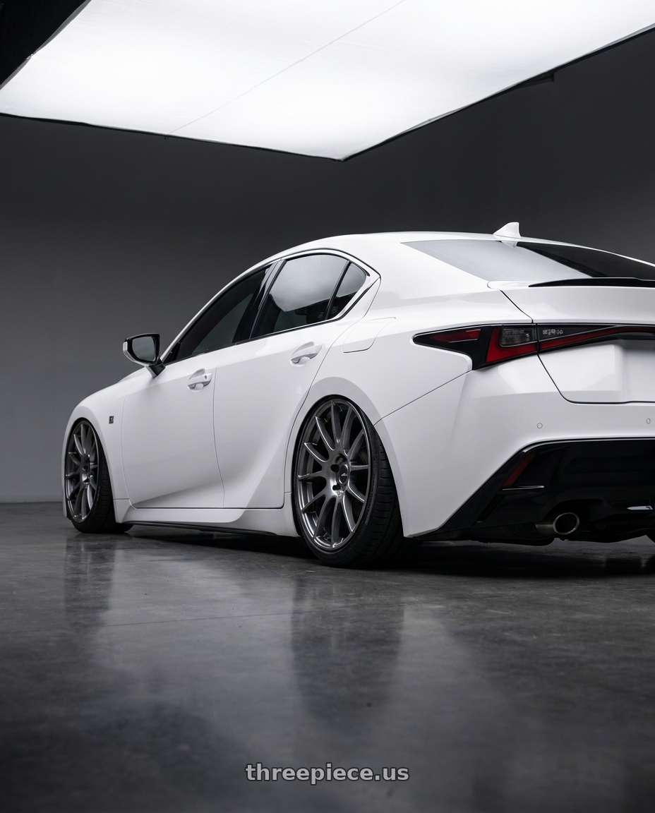 2024 Lexus IS 350 with Ssr Gtv04 5x114.3 19×8.5x8.5+38  METALLIC GRAY wheels rear three quarter view slight stretch tires