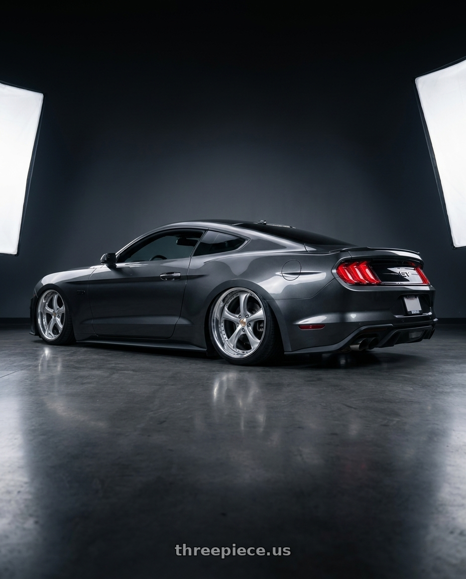 2019 Mustang gt with Work Wheels VS-KF 5x114.3 20x10.5+40 Light Grey Silver O Disk FULL REVERSE wheels rear three quarter view slight stretch tires