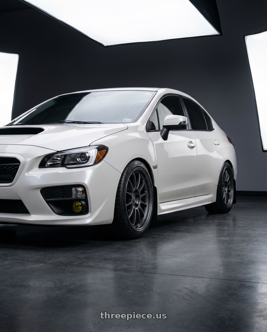 2017 Subaru WRX Limited, Crystal Pearl White with Kansei K13G Corsa 5x114.3 18x9 35 Gunmetal wheels front three quarter view lowered stance