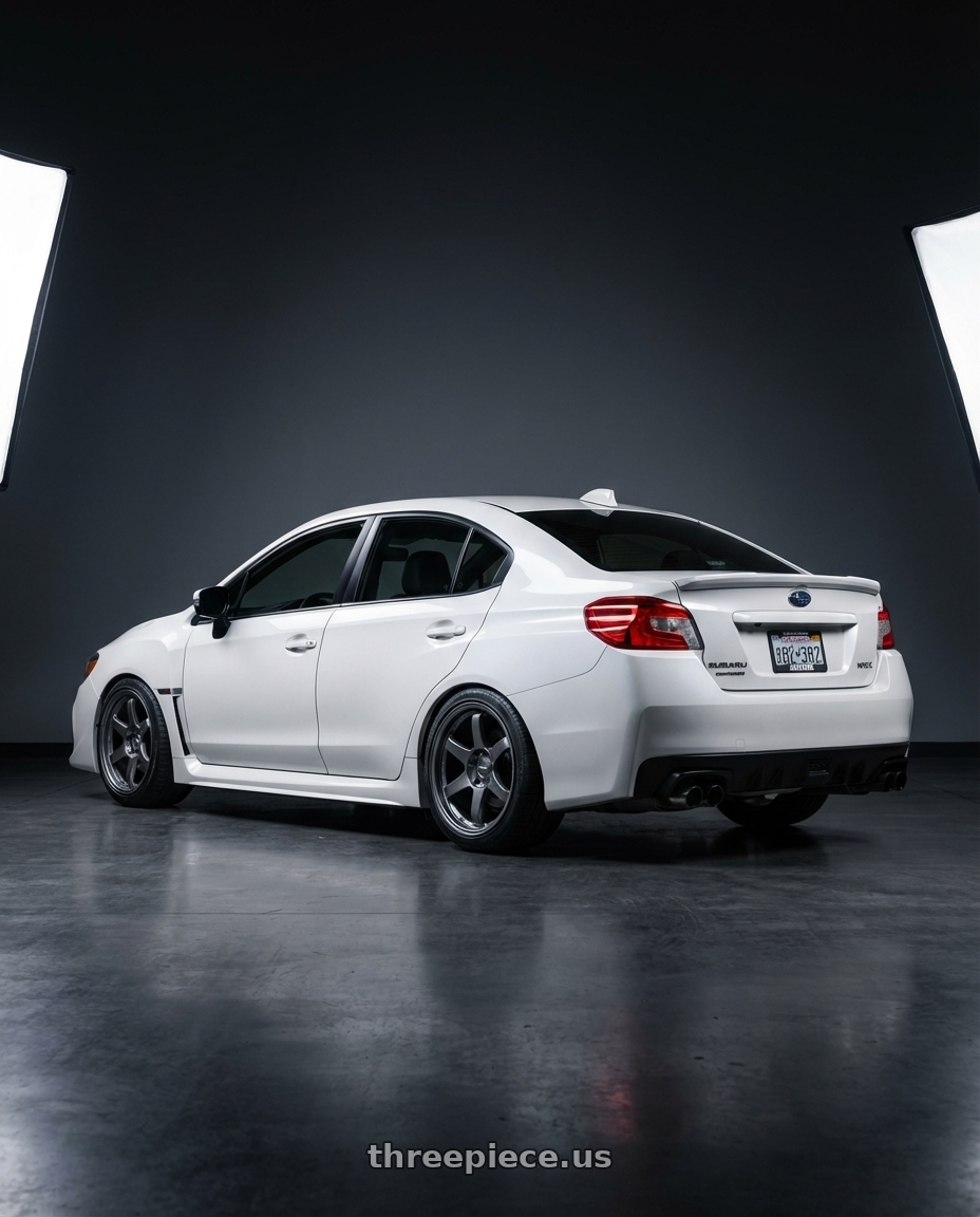 2017 Subaru WRX Limited, Crystal Pearl White with Kansei K13G Corsa 5x114.3 18x9 35 Gunmetal wheels rear three quarter view square tires