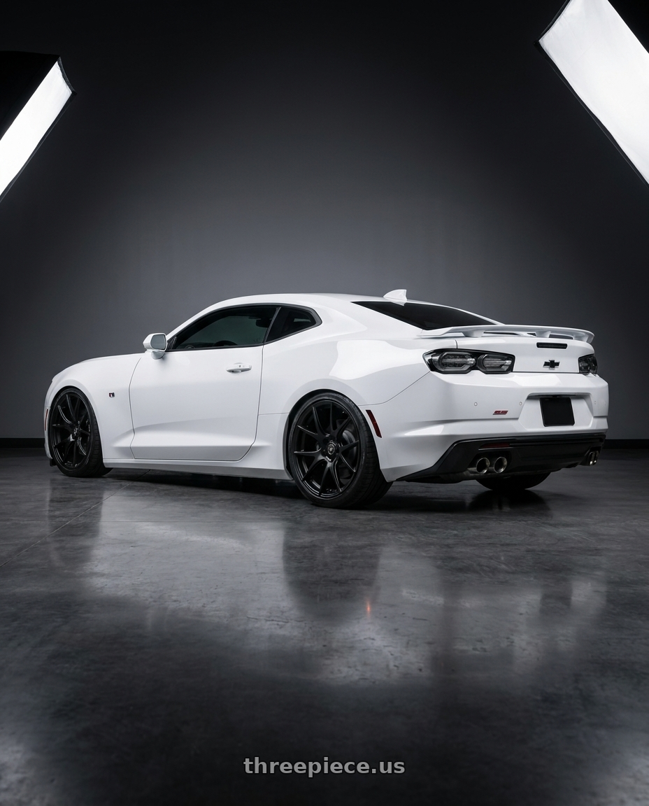 2022 Chevrolet Camaro with Forgestar CF5V 5x120 20x9 +38 Satin Black wheels rear three quarter view slight stretch tires