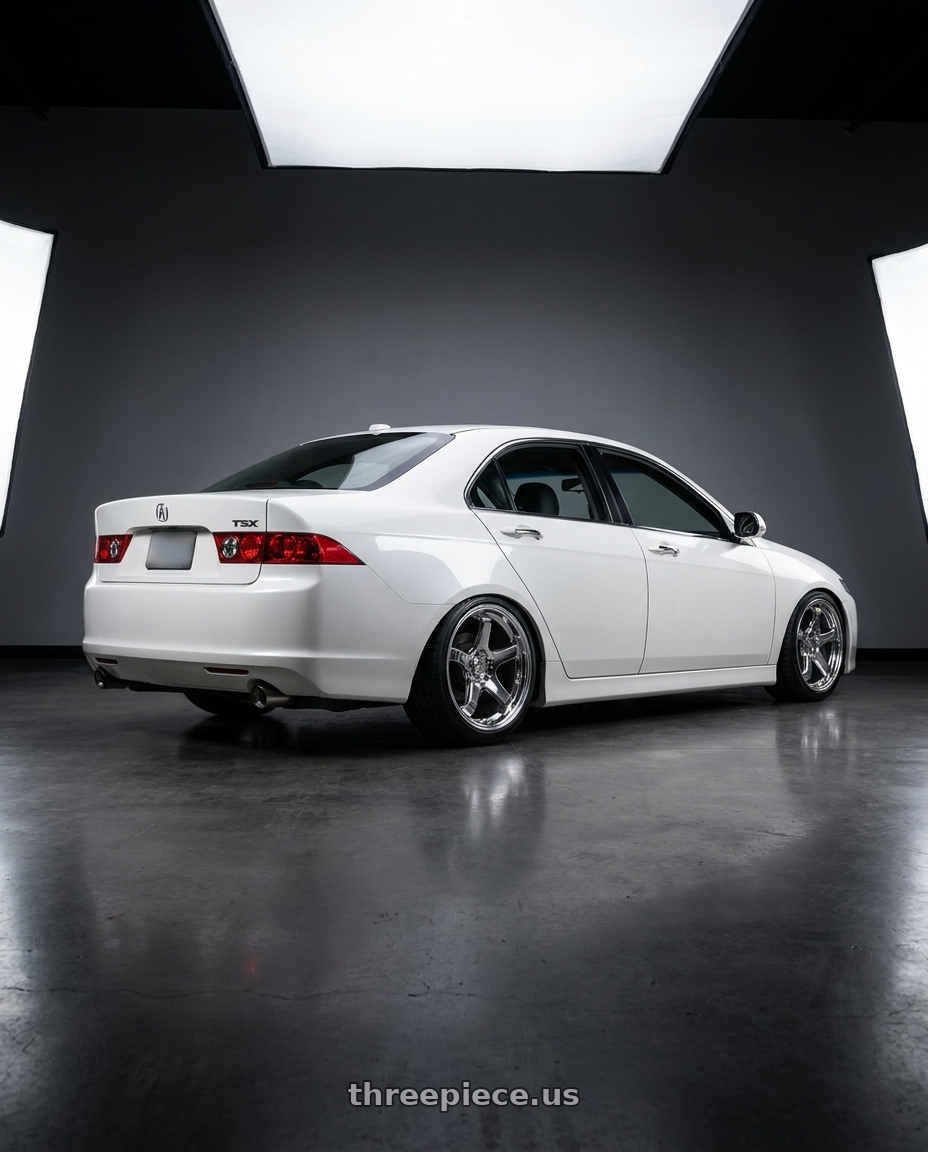 2006 Acura TSX with KATANA RACING HR05 5x114.3 18x9.5 +38 Chrome wheels rear three quarter view square tires