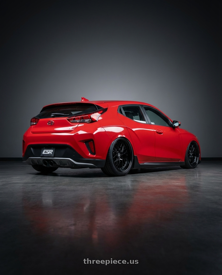 2022 Hyundai Veloster N with ESR Wheels CS SERIES CS11 5x114.3 19x9.5 +15 Gloss Black wheels rear three quarter view slight stretch tires