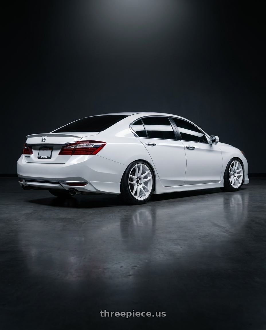 2016 Honda accord with Work Emotion Cr Kiwami 5x100 18x8.5 +47 White wheels rear three quarter view slight stretch tires