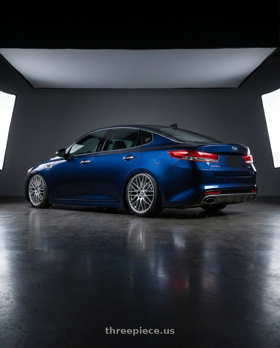 2017 Kia optima gt gravity blur with Enkei EKM3 442 5x120 18x8+42 Hyper Silver wheels rear three quarter view slight stretch tires