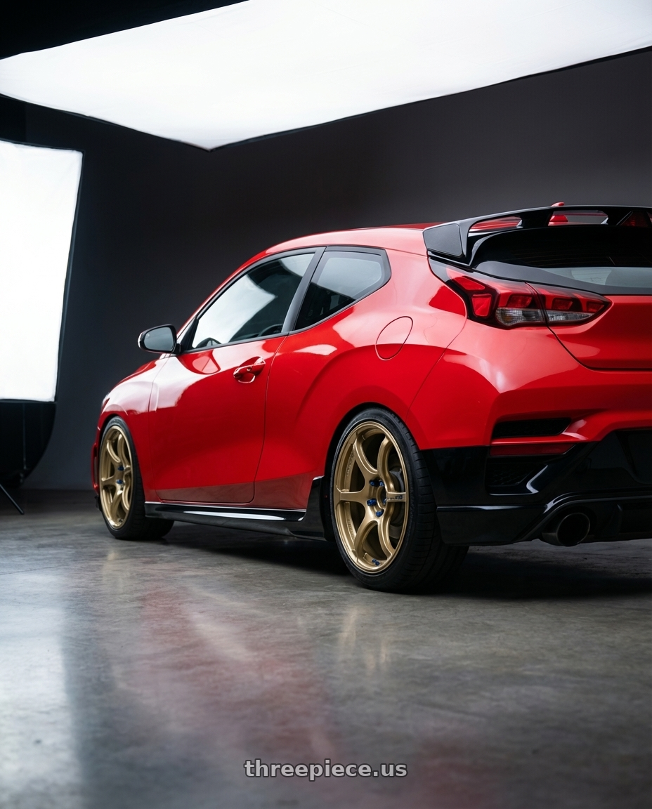 2022 Hyundai Veloster N with Advan RGIII 5x114.3 19x10.5+15 Gold wheels rear three quarter view square tires