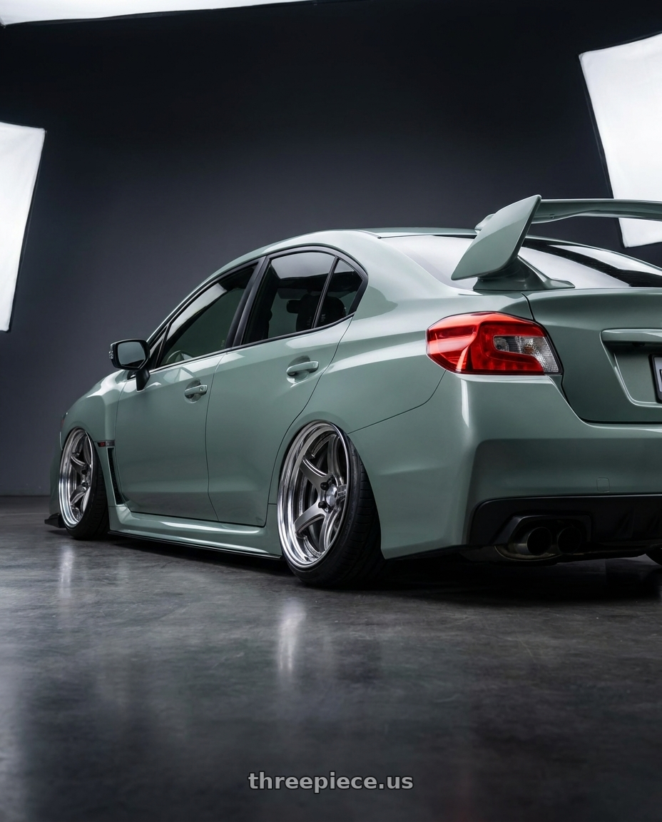 2021 Subaru wrx sti millennium jade  with Work T5R 2P 5x114.3 18x9.5 +38 GT SILVER wheels rear three quarter view extreme stretch tires