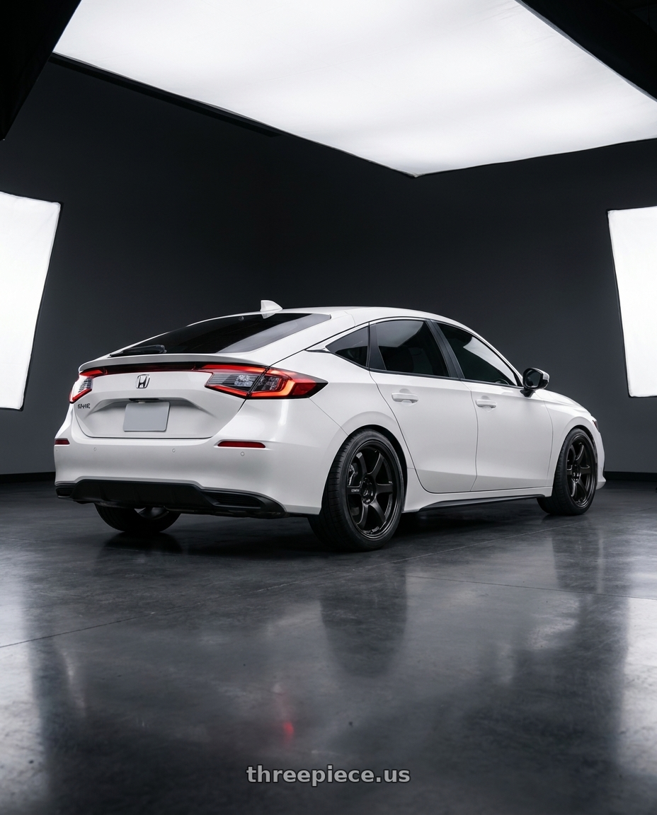 2026 honda civic with Gram Lights 57DR 5x114.3 18x10.5+12 Semi Gloss Black wheels rear three quarter view square tires