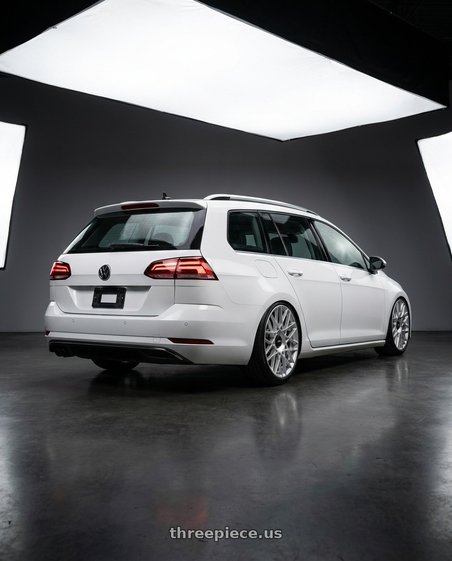 2019 VW Golf Sportwagen, Execline, Pure White with Rotiform 1PC R167 BLQ-C 5X112/5X120 19X8.5 +45 SILVER wheels rear three quarter view slight stretch tires