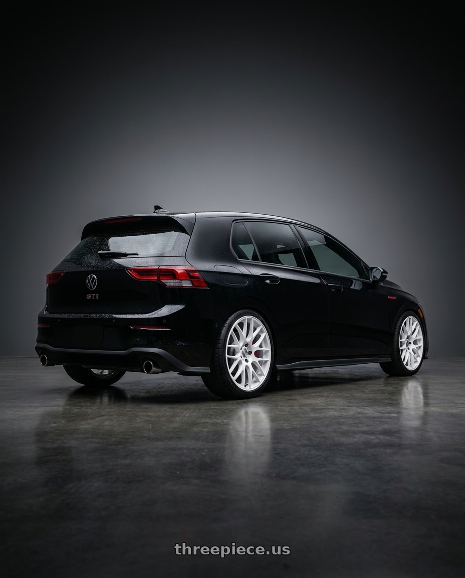 2024 VW GTI 380 SE with Work Emotion m8r 5x112 19x8.5 +38 White wheels rear three quarter view square tires