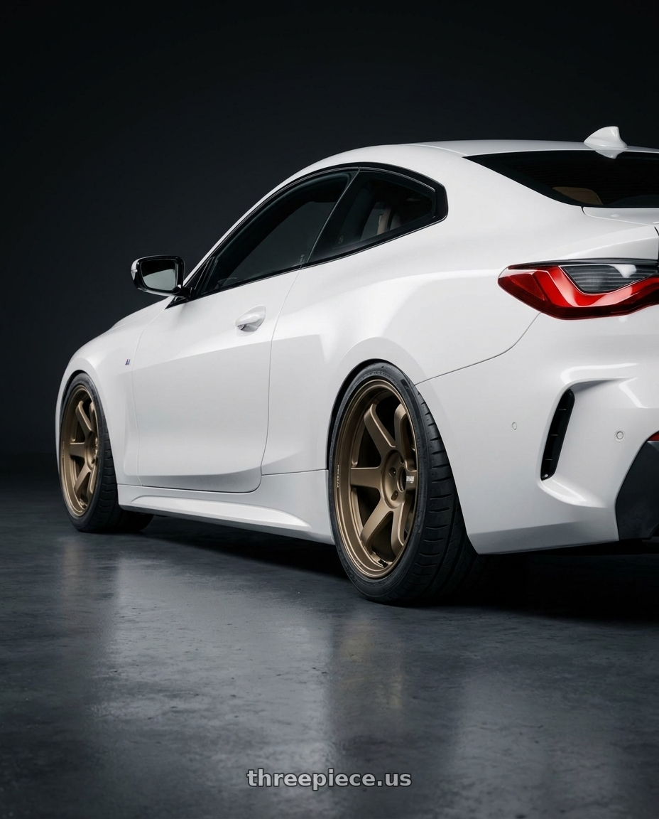 2025 BMW 4-series  with Volk Racing TE37 Ultra M Spec 5x112 19x9.5+23 19x10.5+35 Bronze Almite Toyota Supra MK5 Spec wheels rear three quarter view slight stretch tires