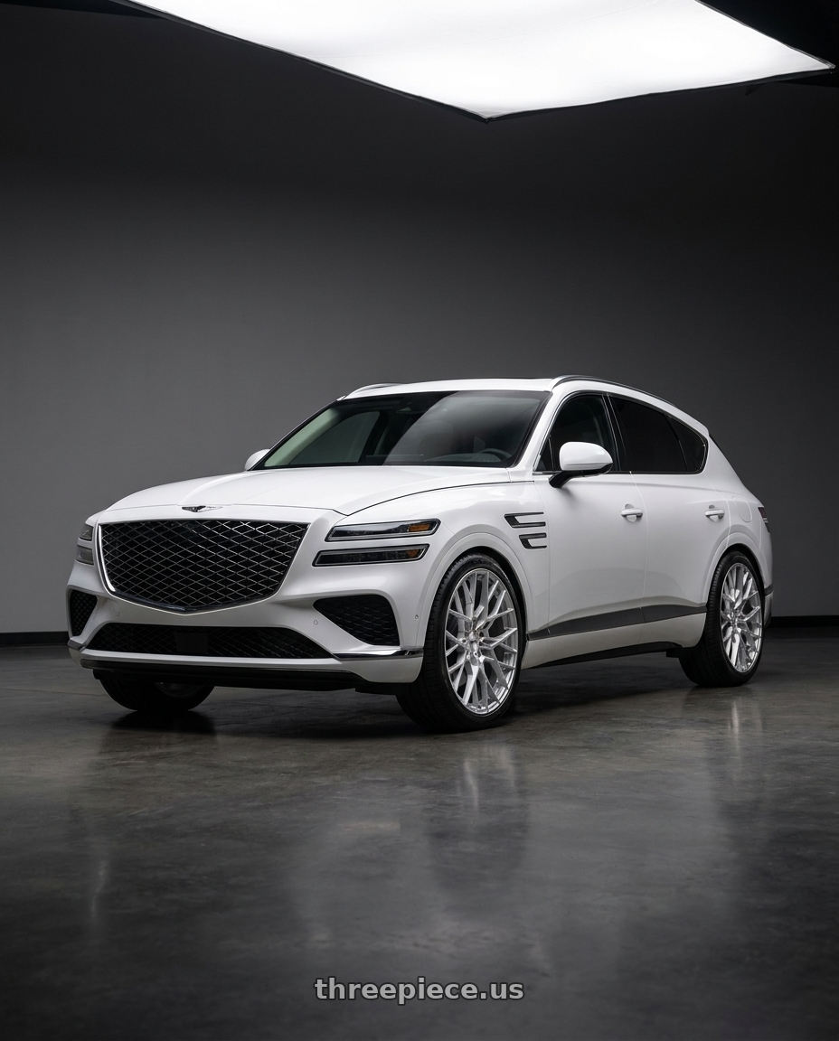 2027 Genesis GV80 with TSW SEBRING 5X114.3 22X9 +32 SILVER W/  MIRROR CUT FACE wheels front three quarter view lowered stance