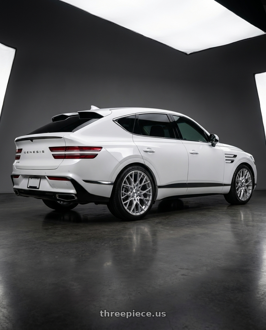 2027 Genesis GV80 with TSW SEBRING 5X114.3 22X9 +32 SILVER W/  MIRROR CUT FACE wheels rear three quarter view slight stretch tires