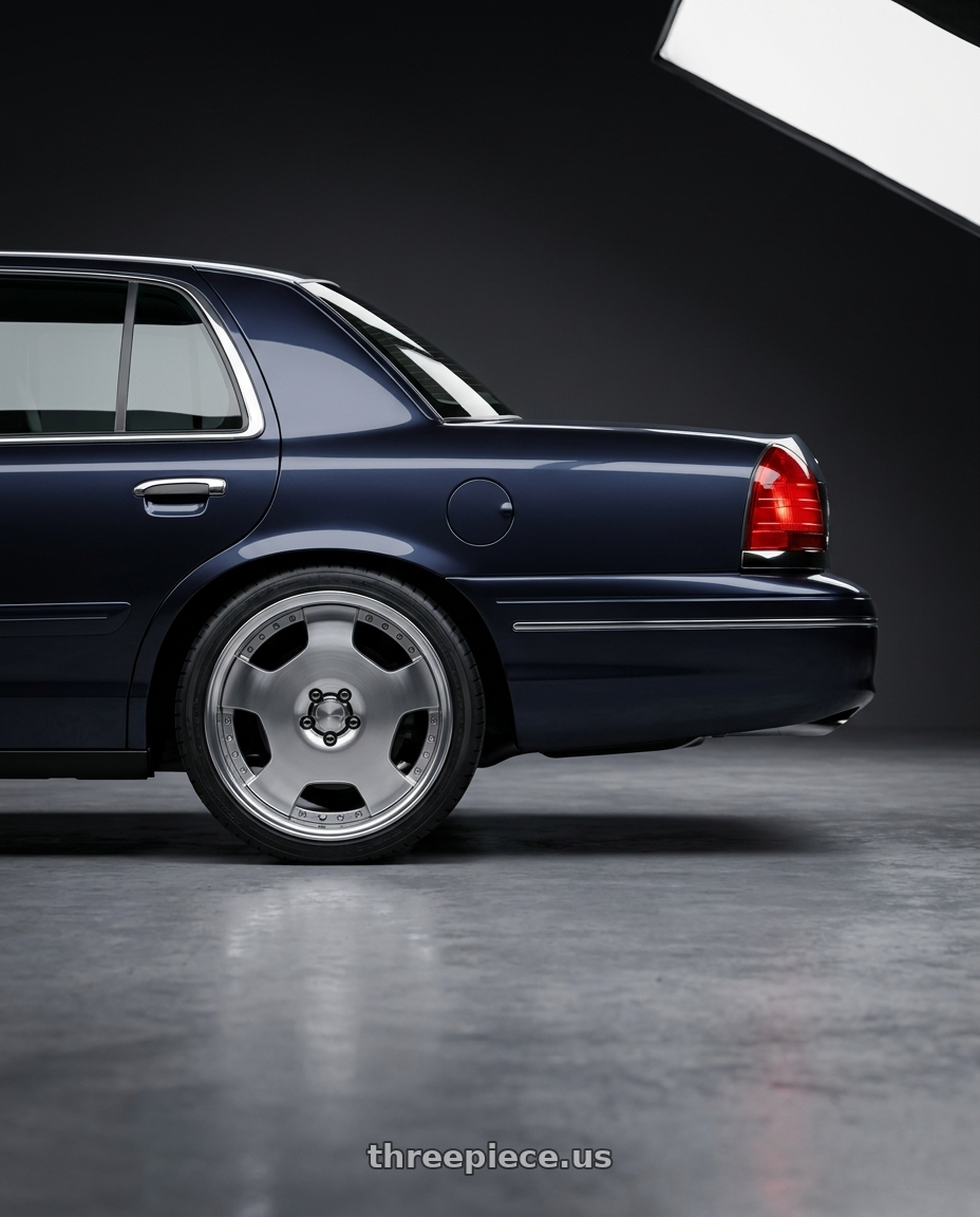 1999 Ford Crown Victoria LX with Work Lanvec Ld1 5x114.3 20x9.5+45 A Disk Machine Silver Polish wheels rear three quarter view square tires