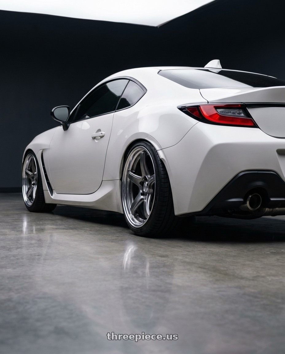 2023 Toyota GR86 Premium with Work T5R 2P 5x100 18x8.5 +38 GT SILVER wheels rear three quarter view slight stretch tires