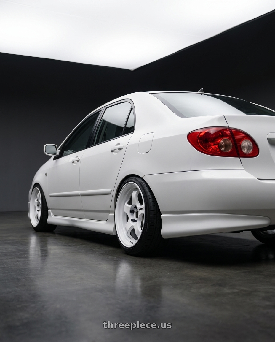 2006 corolla 9gen with Work Meister S1 2P 4x100 15x7+38 O Disk Black wheels rear three quarter view slight stretch tires