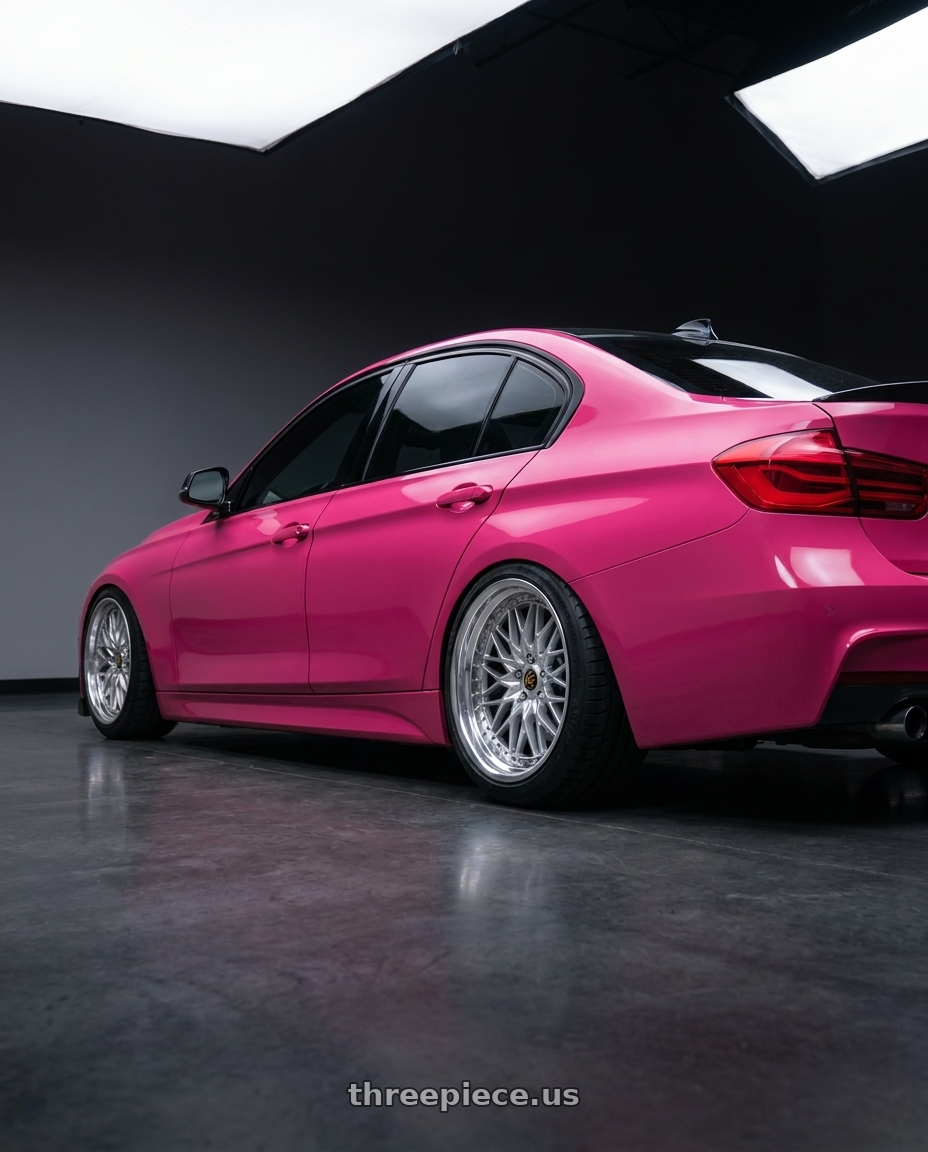 2016 bmw 340i with Work Vs-Xv 5x120 19x8.5+27 O Disk Silky Rich Silver wheels rear three quarter view meaty tires