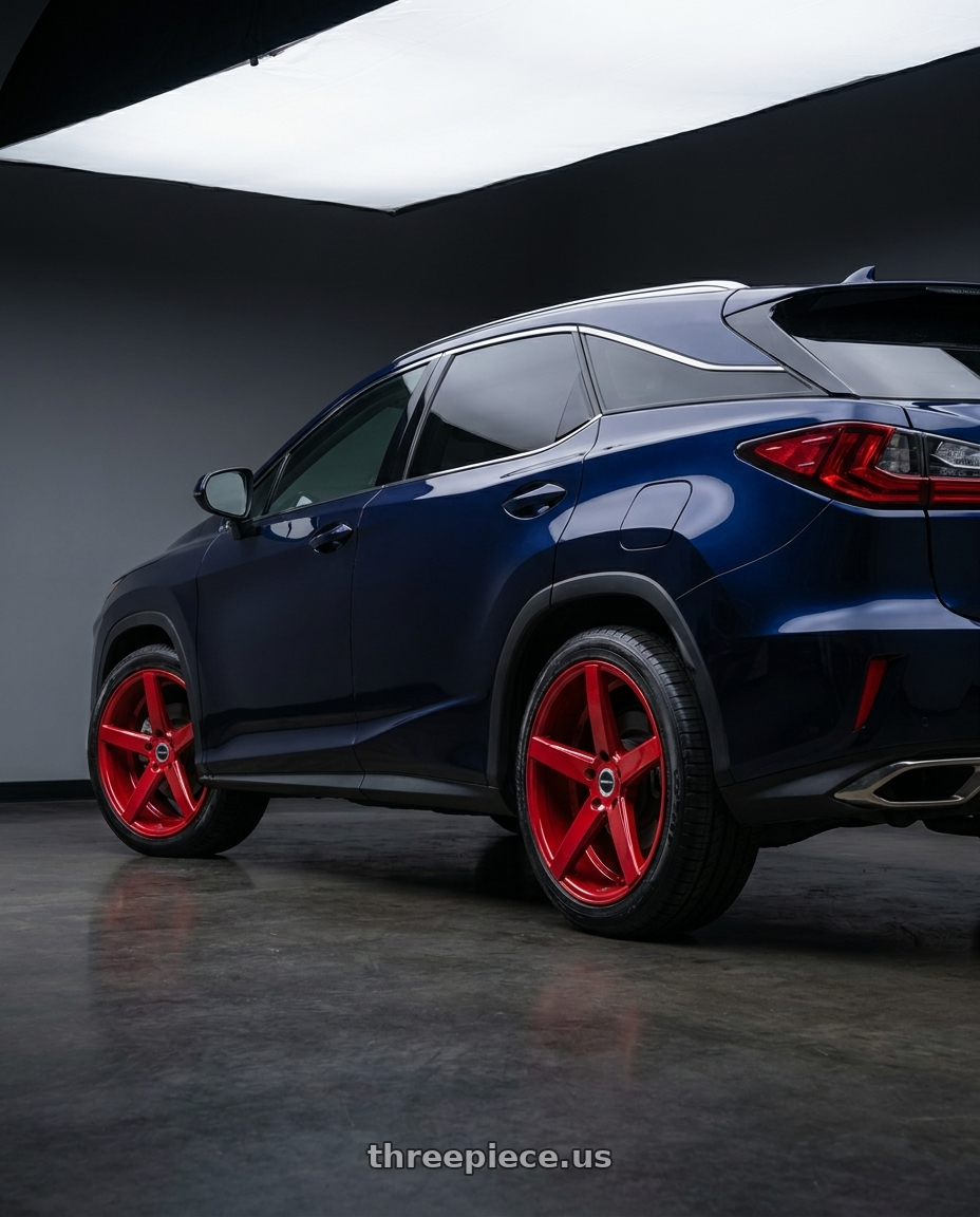 2017 lexus RX350 with Strada Perfetto 5x114.3 20x8.5 +35 Candy Red wheels rear three quarter view square tires