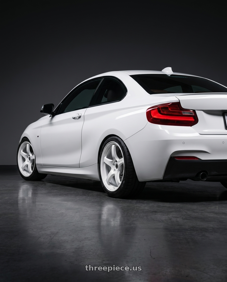 2018 BMW 2 Series F22 with Gram Lights 57CR 5x120 18x9.5+38 Ceramic Pearl wheels rear three quarter view square tires