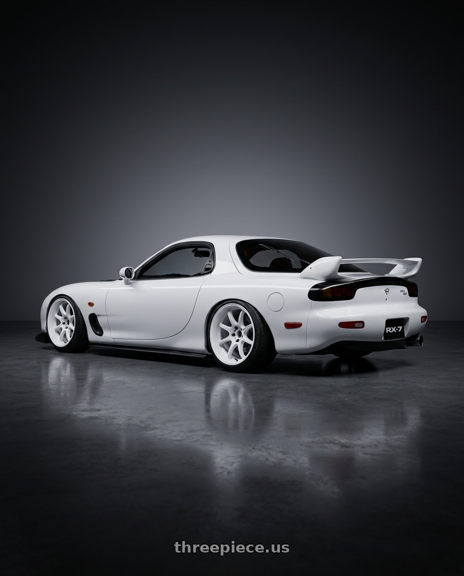 1993 Mazda RX7 with Work Emotion D9r 5x100 19x10.5 +30 White wheels rear three quarter view extreme stretch tires