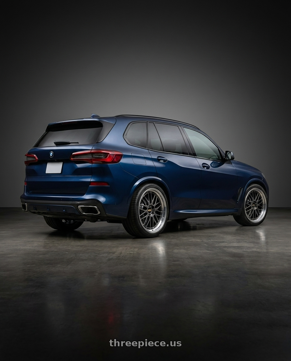 2019 bmw x5 with BBS LM 5x112 21x10.0+40 Diamond Black wheels rear three quarter view square tires