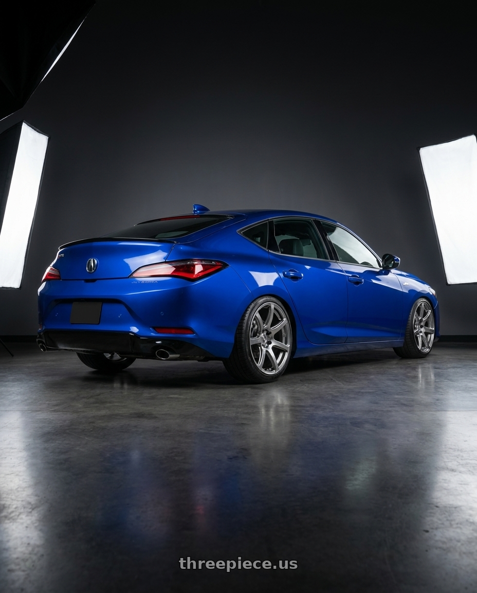 2023 Acura integra aspec with Work Emotion T7r 5x100 18x9.5 +38 Gt Silver wheels rear three quarter view slight stretch tires