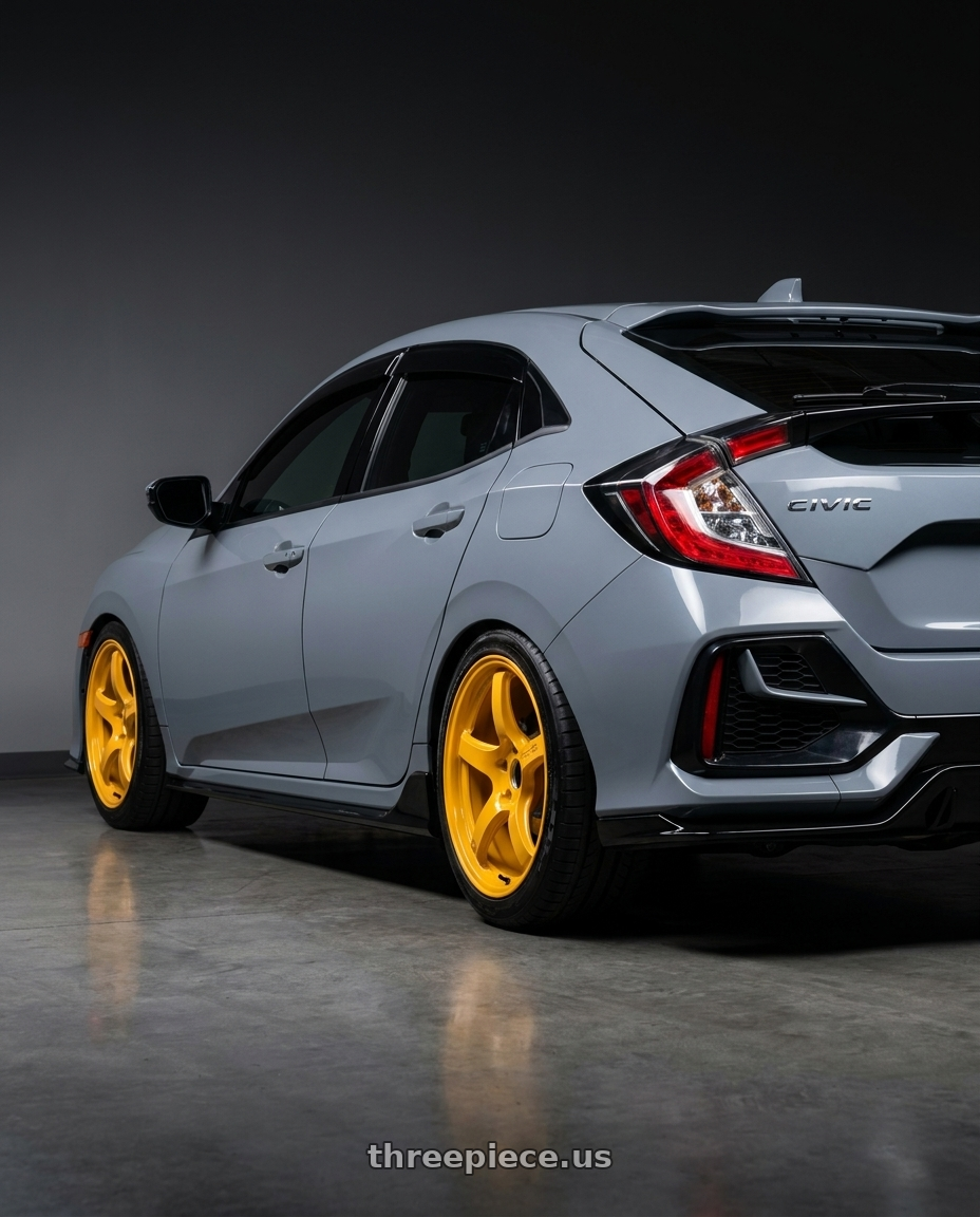 2021 Honda Civic sports hatchback with Gram Lights 57CR 5x114.3 18x8.5 +37 MACH YELLOW wheels rear three quarter view square tires