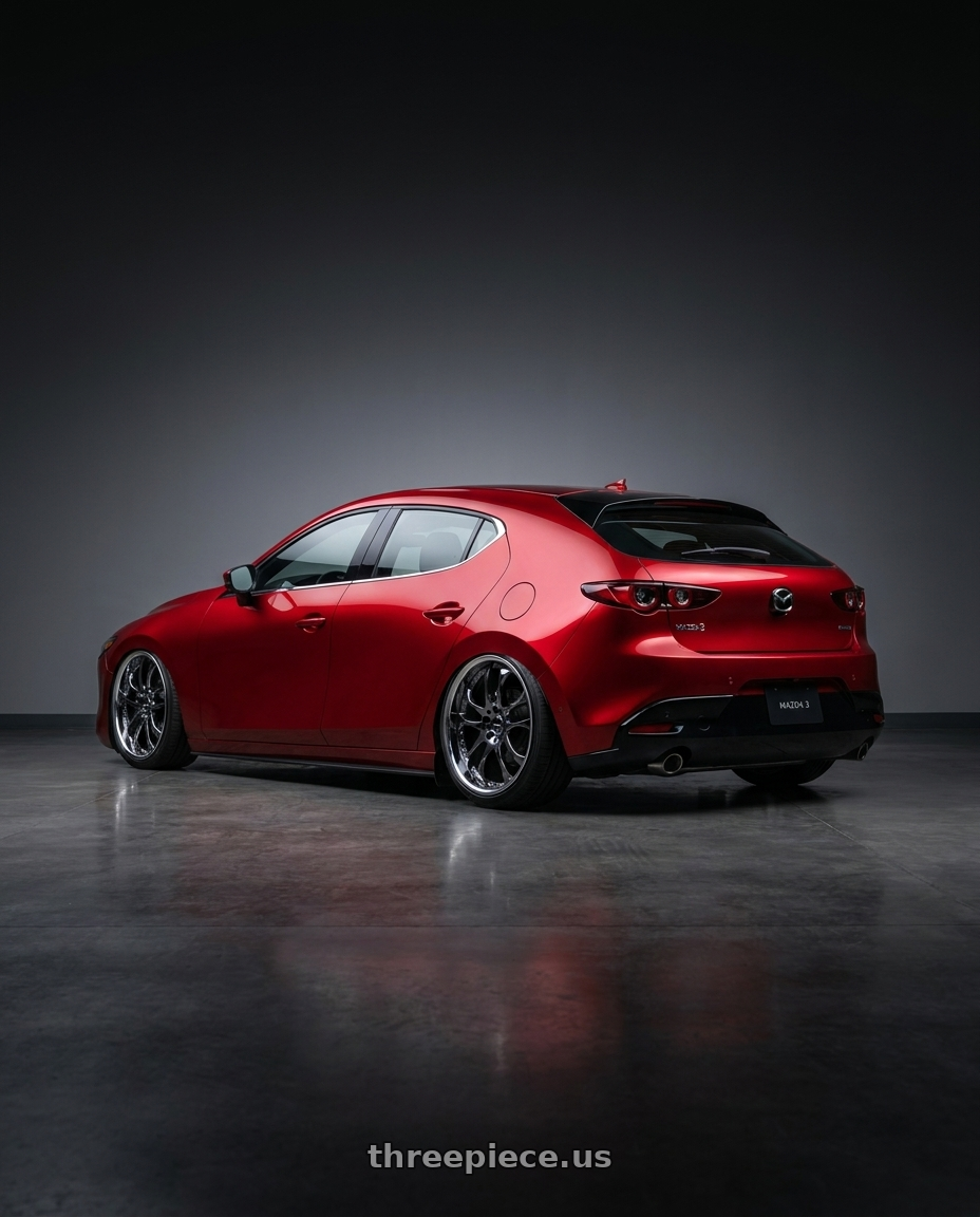 2024 Mazda 3 hatchback with Ssr Agle Minerva 5x114.3 19x9+37 SL Disk Super Black Coat wheels rear three quarter view slight stretch tires