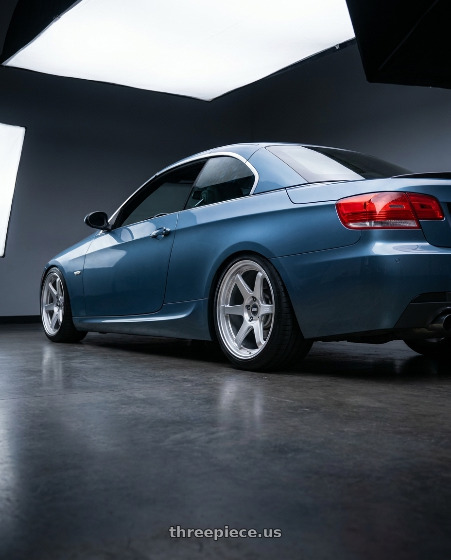 2009 BMW 335i convertible with ESR Wheels APX6 5x120 19x10.5 +22 Hyper Silver wheels rear three quarter view square tires