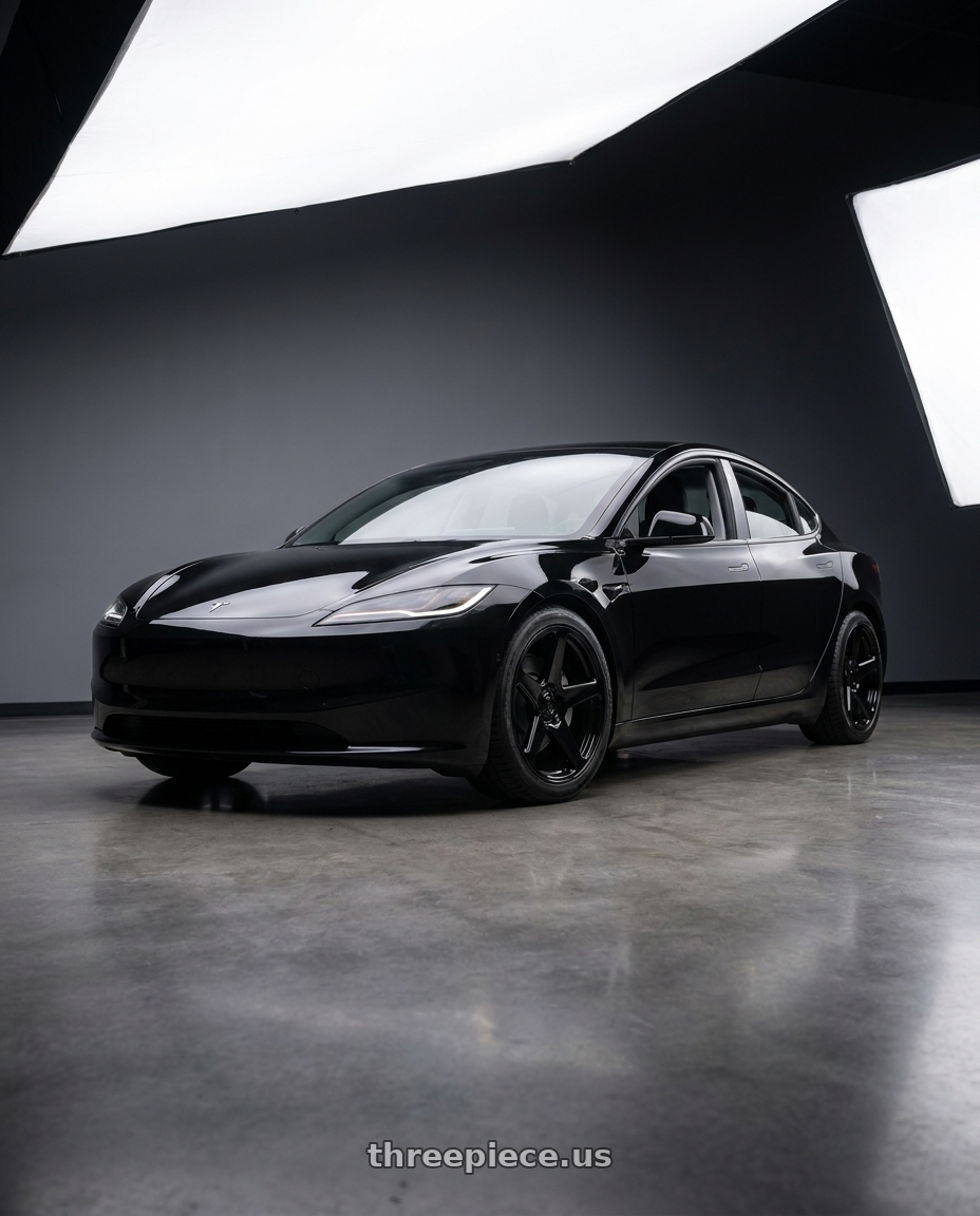 2025 Tesla Model 3 Long Range with DOLCE PERFORMANCE STELLA 5x114.3 18x8.5 +35 Gloss Black wheels front three quarter view lowered stance