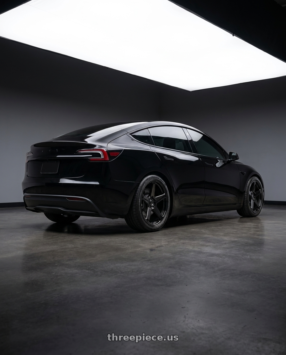 2025 Tesla Model 3 Long Range with DOLCE PERFORMANCE STELLA 5x114.3 18x8.5 +35 Gloss Black wheels rear three quarter view square tires
