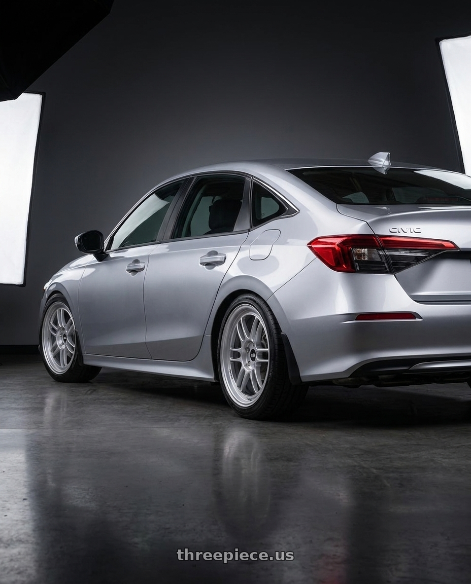 2022 Honda Civic EX with Enkei RPF1 5x114.3 18x7.5+48 Silver wheels rear three quarter view square tires