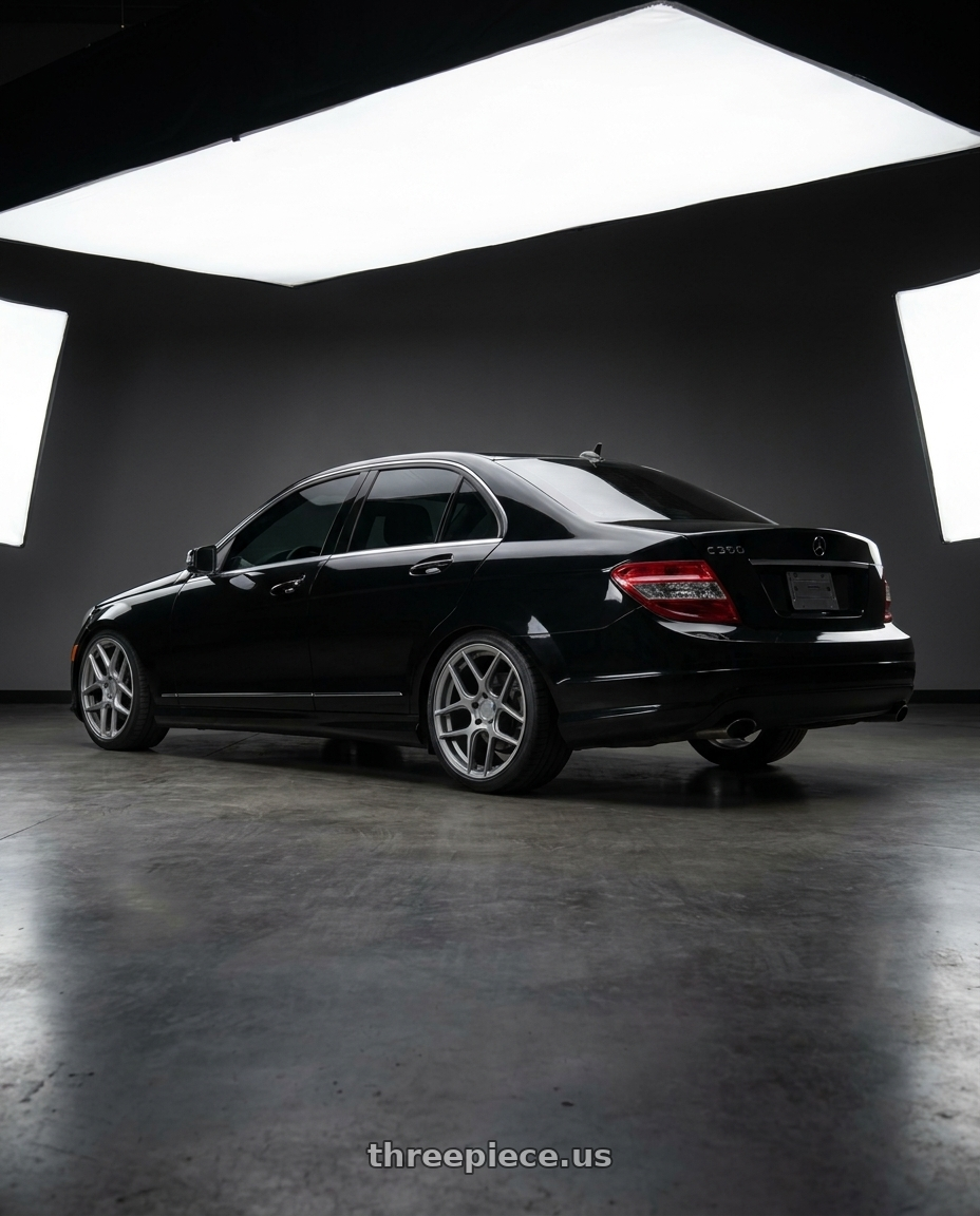 2010 mercedes Benz c350 sport black with Aodhan AFF2 5x120 19x8.5+35 Matte Gray wheels rear three quarter view slight stretch tires