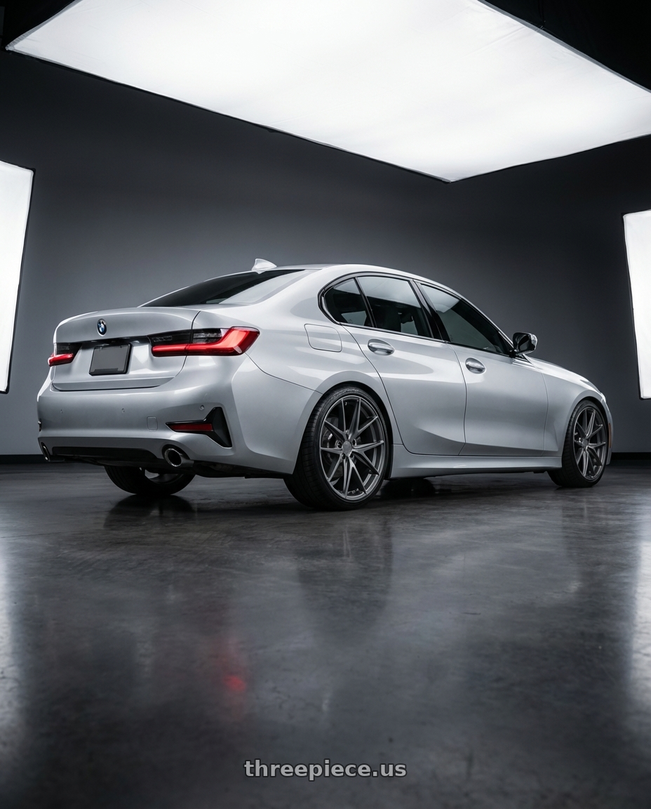 2023 BMW 3 Series G20 with Niche 1PC M116 MISANO 5X112 19X9.5 +50 MATTE GUN METAL wheels rear three quarter view square tires