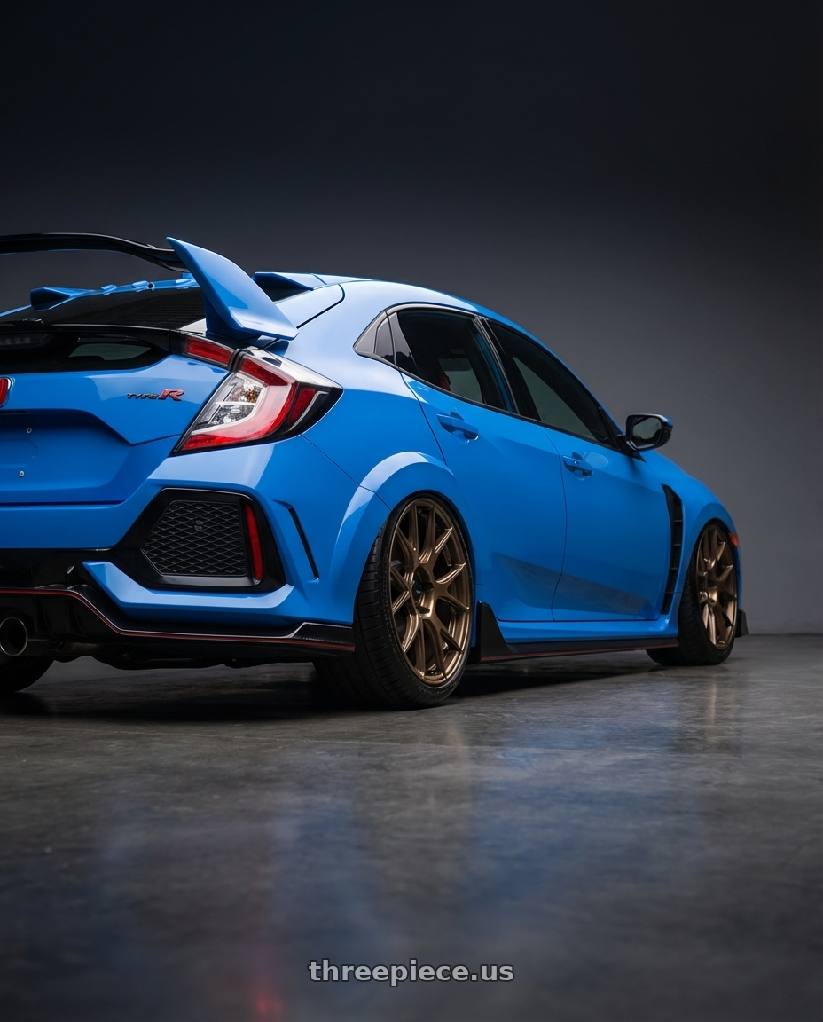 2020 Honda Civic Type R with Konig Ampliform 5x120 19x10+28 Gloss Bronze wheels rear three quarter view slight stretch tires