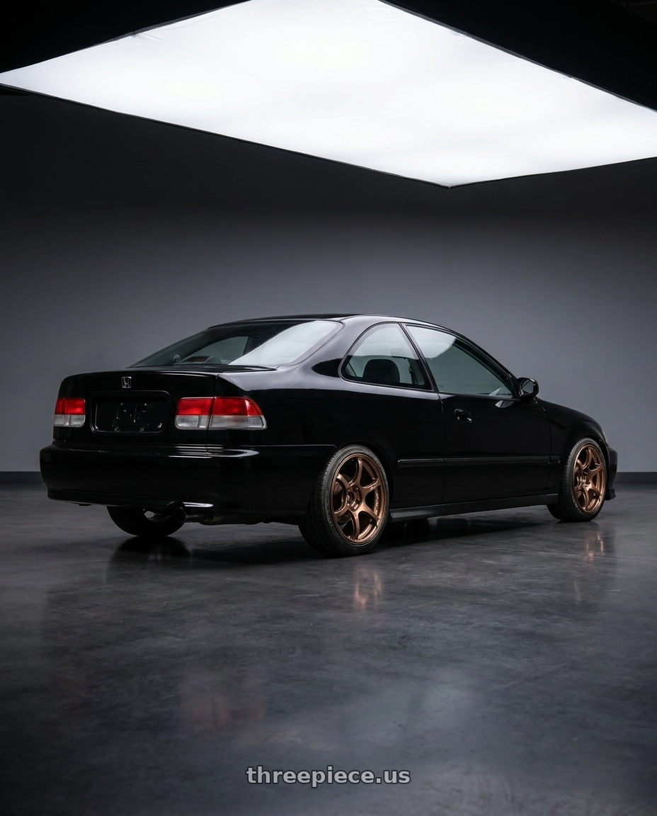 2000 Honda civic with Advan Racing RG-4 4x100 17x7.0 +42 RACING COPPER BRONZE wheels rear three quarter view slight stretch tires