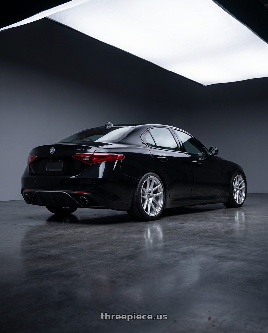 2017 Alfa Romeo giulia black with ESR Wheels CS SERIES CS8 5x110 18x9.5 +35 Hyper Silver wheels rear three quarter view square tires