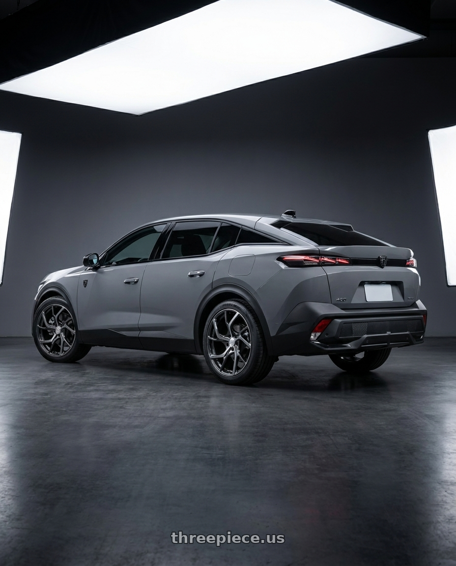 2025 Peugeot 408 with Volk Racing VMF C-01 5x114.3 20x9 +25 SHINING BLACK METAL / DC* wheels rear three quarter view square tires