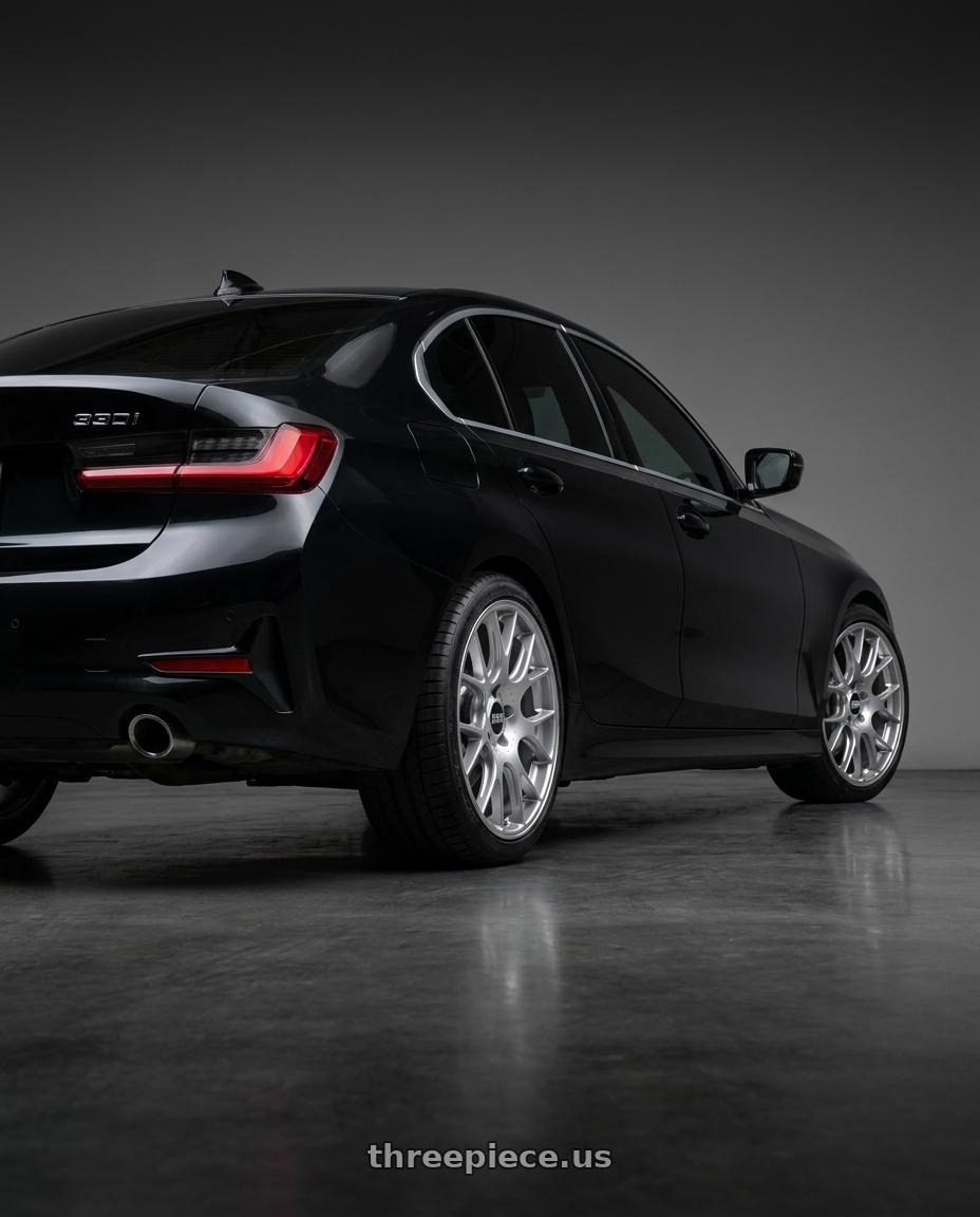 2019 bmw 330i with BBS CH-R 5x130 19x8.5 +51 Brilliant Silver Polished Rim Protector wheels rear three quarter view square tires
