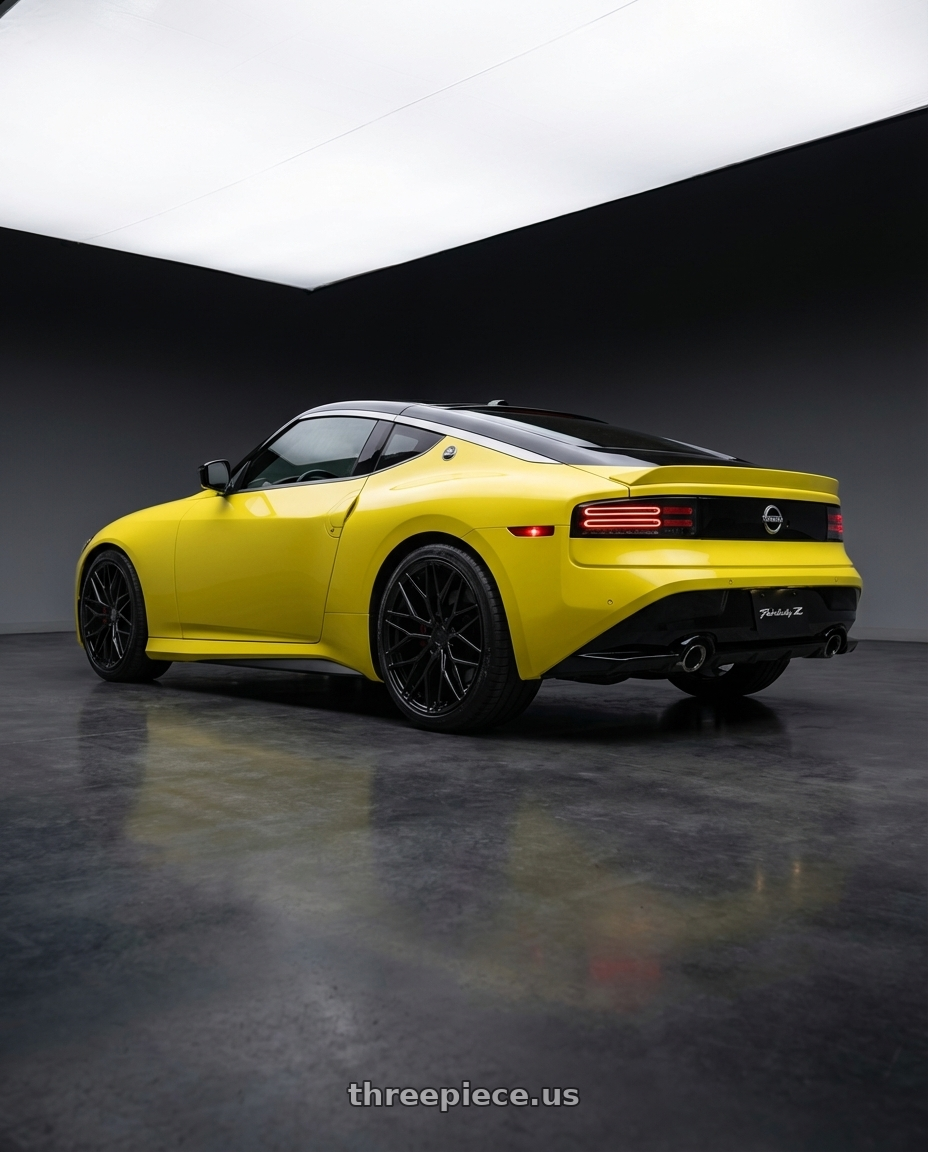 2024 Nissan Z with Avant Garde Wheels M520R 5X114.3 19x8.5 +35 Gloss Black wheels rear three quarter view square tires