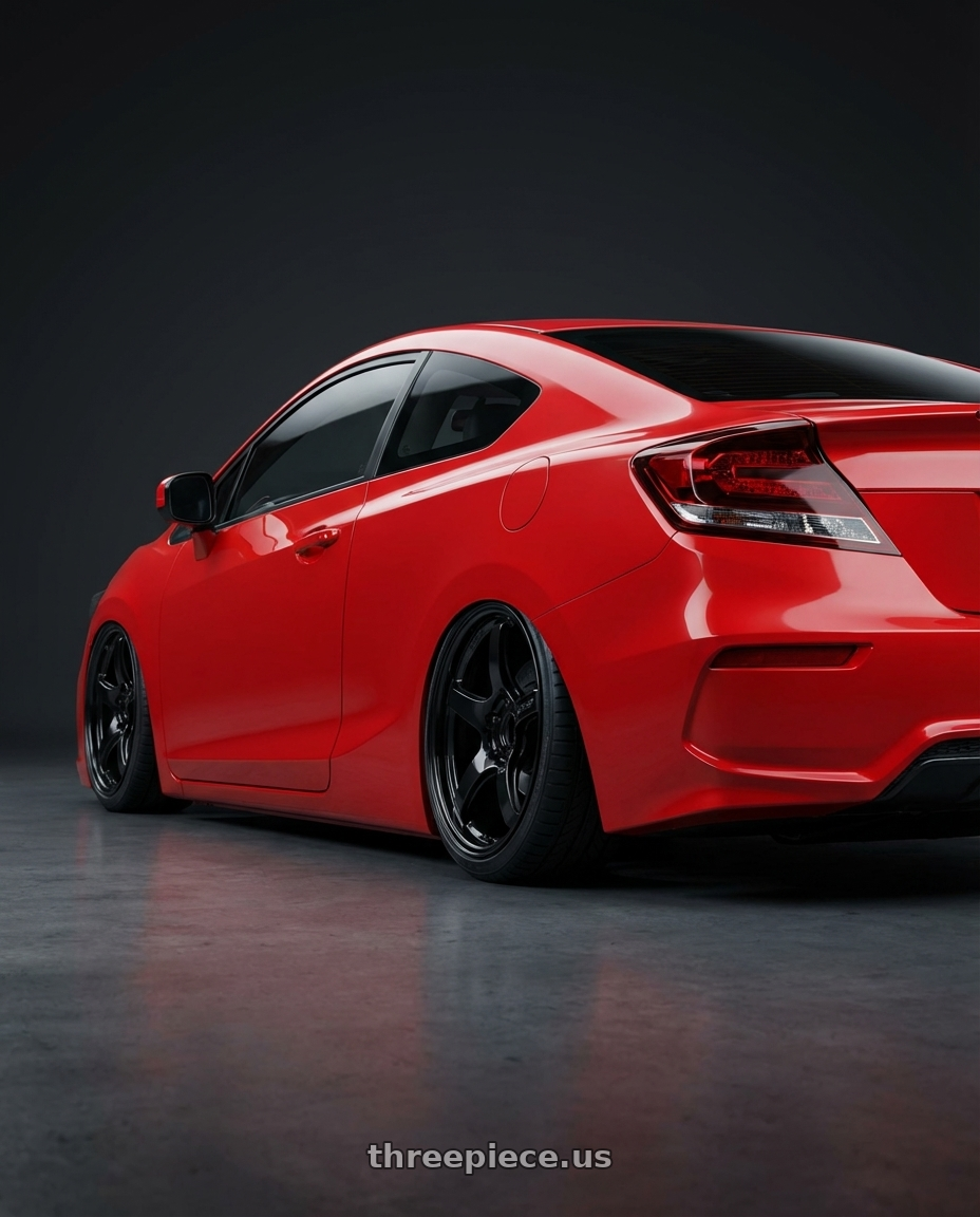 2015 Honda Civic Si with Gram Lights 57CR 5x114.3 18x9.5+38 Glossy Black wheels rear three quarter view slight stretch tires