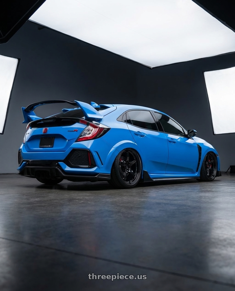 2020 Honda Civic Type R with Gram Lights 57CR 5x120 19x10.5+35 Glossy Black wheels rear three quarter view slight stretch tires